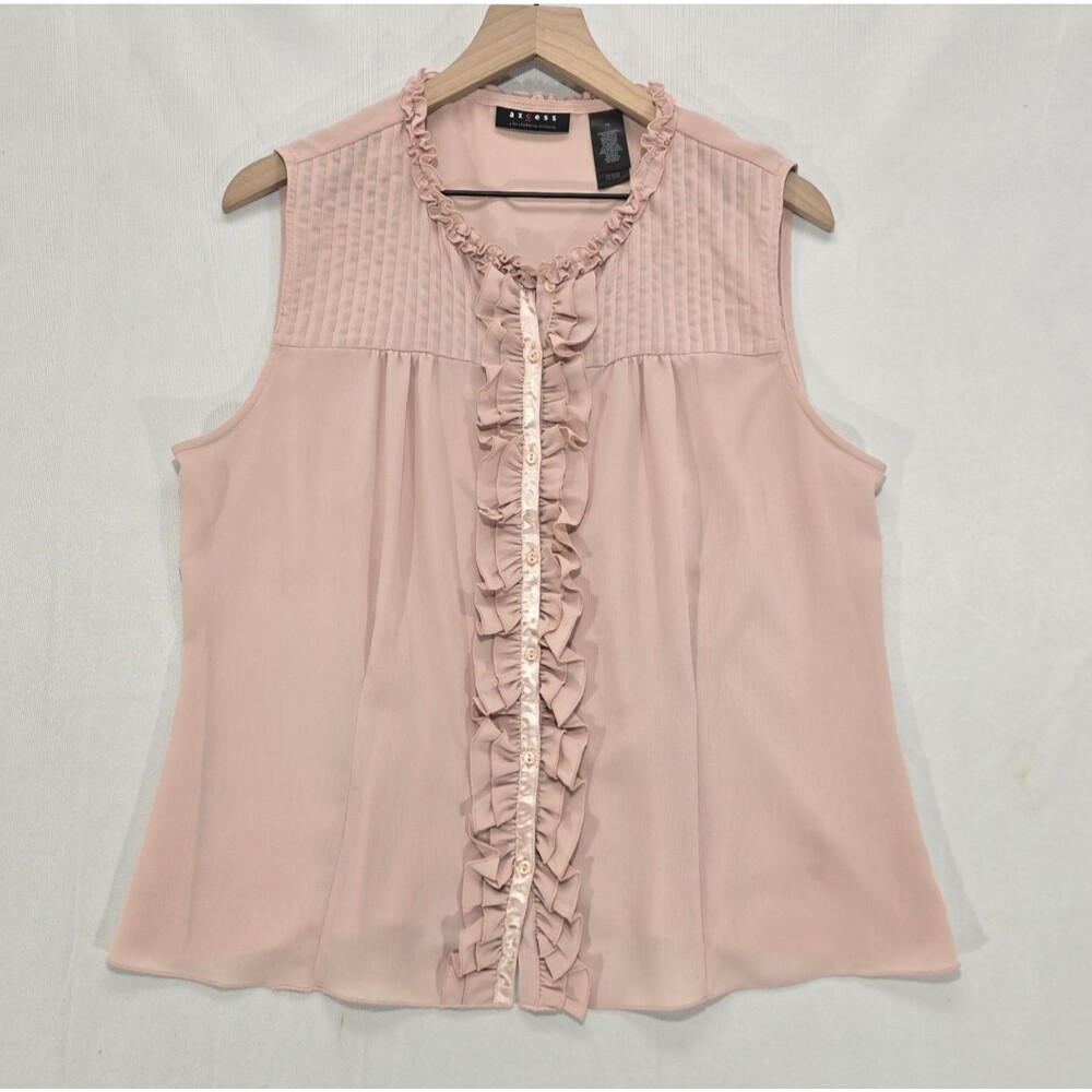 Axcess Liz Claiborne Ruffle Chiffon Blouse Women 16 Pink Sleeveless Romantic Y2K